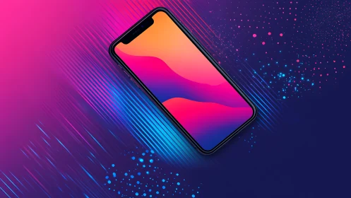 Smartphone with gradient screen on abstract neon background.