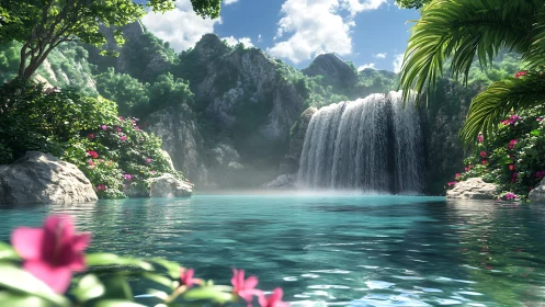Sunlit tropical waterfall pooling into a calm turquoise lagoon.