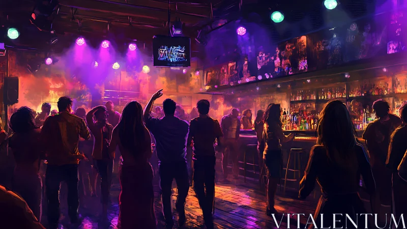 Crowded nightclub interior with bar counter and stage lighting.