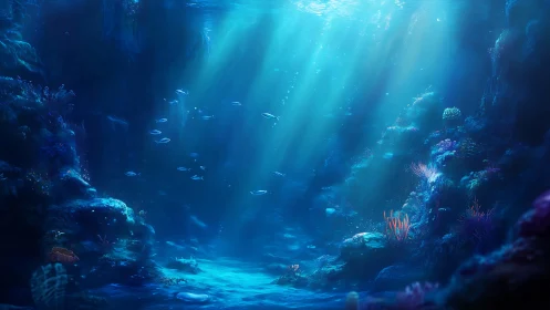 Digital undersea canyon with glowing reefs and fish life.