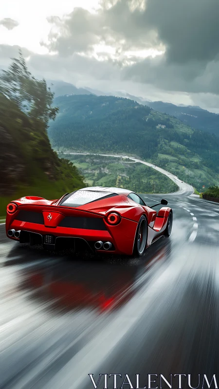 Red supercar powers along a wet mountain highway at speed