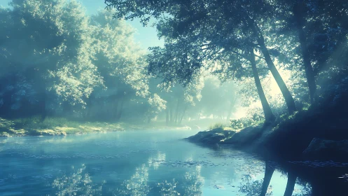 Sunlit forest river reflects dense trees and soft morning mist