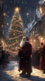 Santa in snowy town square before towering lit tree.