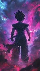 Silhouetted anime fighter stands in glowing cosmic storm