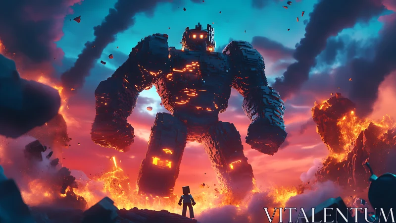 Colossal voxel lava golem looms over lone digital hero