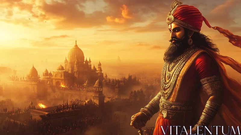 Warrior in ornate armor surveys fortified city at sunset