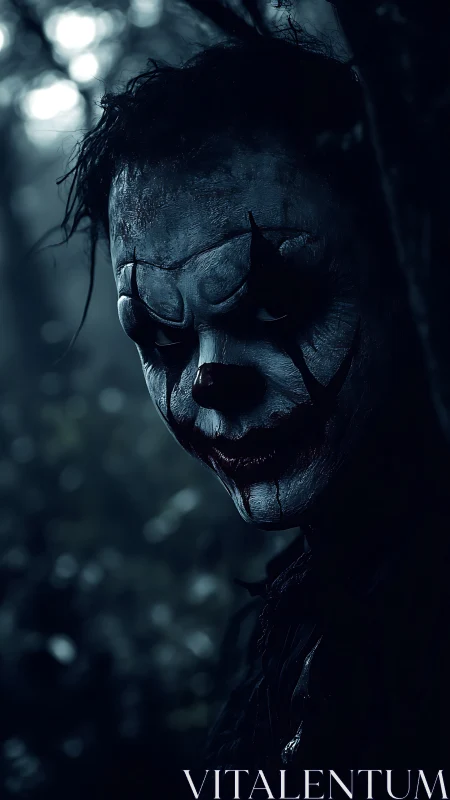Sinister clown emerges from shadowy forest gloom