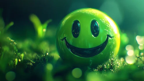 Luminous smiley sphere resting in dreamy green meadow.