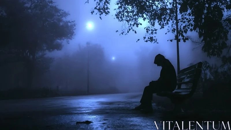 Midnight fog cradles a lonely silhouette on a soaked bench