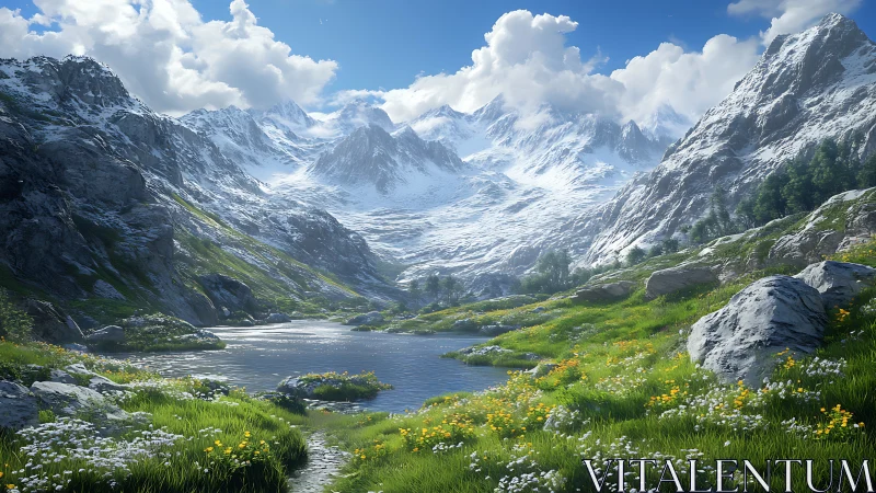 Snowcapped mountain valley frames reflective alpine lake