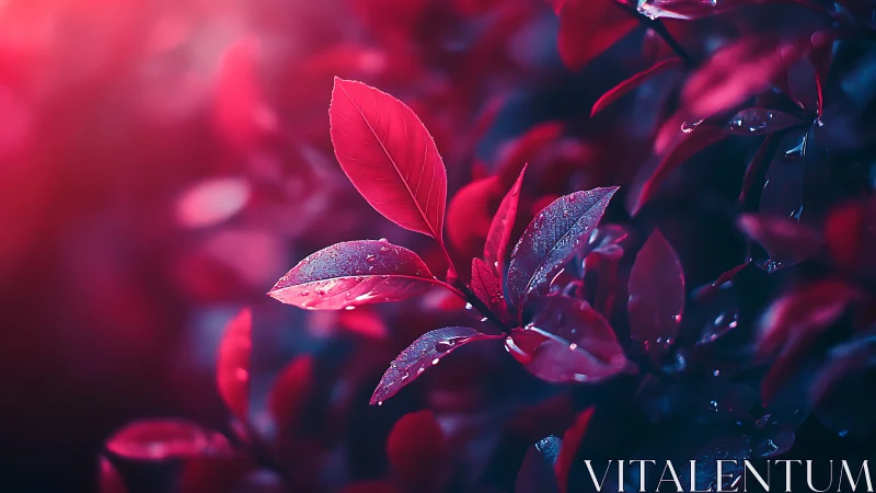 Macro photograph documents wet red leaves in soft focus bokeh