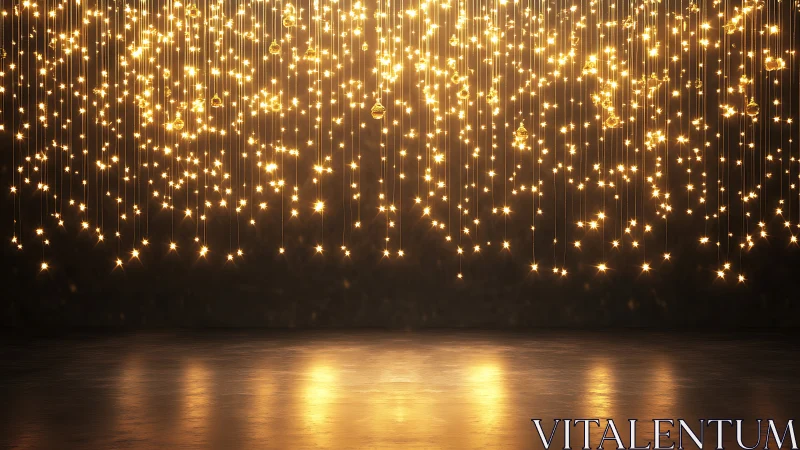 Golden hanging lights illuminate reflective dark floor