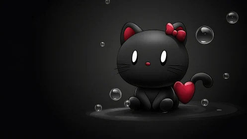 Charming Black Kitten Holding a Red Heart.