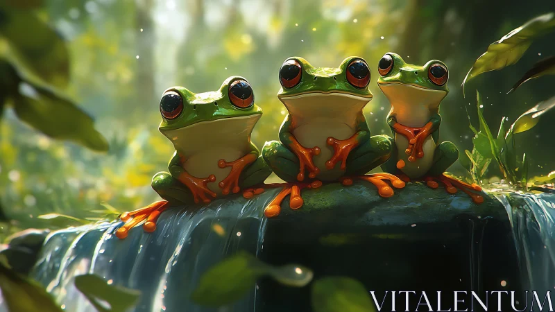 Three playful tree frogs rest by a sunlit forest waterfall