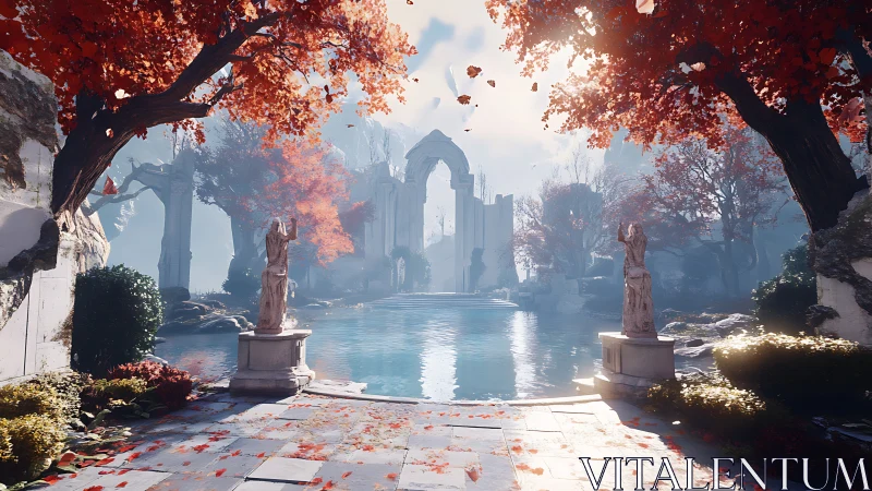 Autumn-lit ruined temple reflects in a tranquil blue pool.