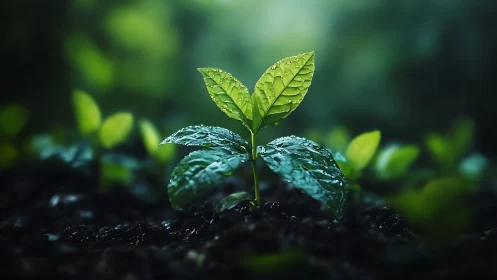 Dewlit seedling rises from velvet soil in forest hush.
