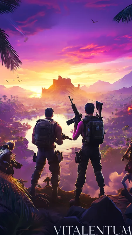 Armed figures observing fortified island at stylized sunset.