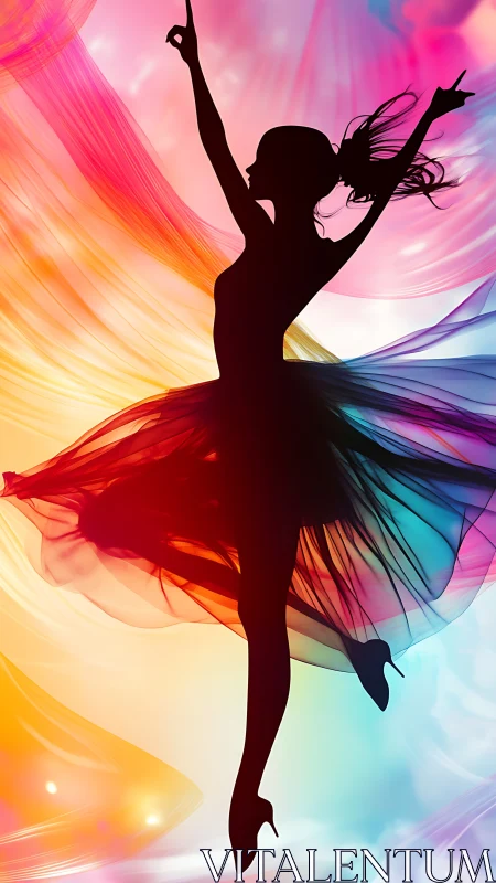 Silhouette of ballerina against multicolored abstract backdrop.