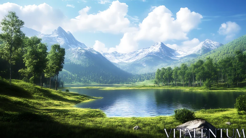 Soft sunlight welcomes a calm alpine lake and snowy peaks