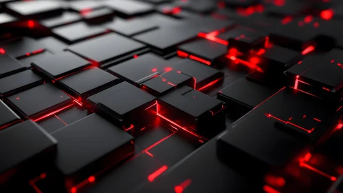 Futuristic black cubes with glowing red neon lights, digital art.