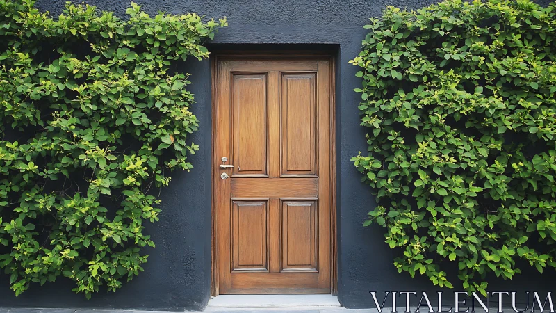Natural wood door contrasts dark wall and dense green vines