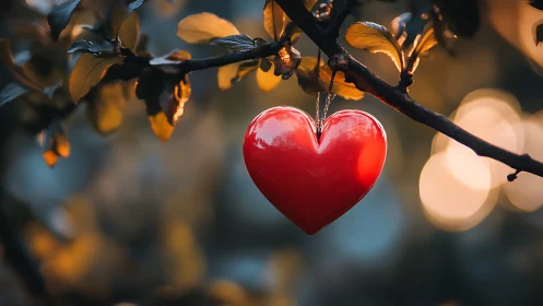 Red heart suspended on dark branch under golden light.