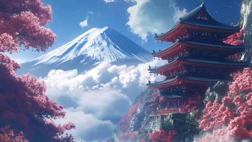 Pagoda above the clouds gazes toward a tranquil sacred peak