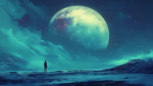 Solitary figure under luminous teal moonlit horizon.