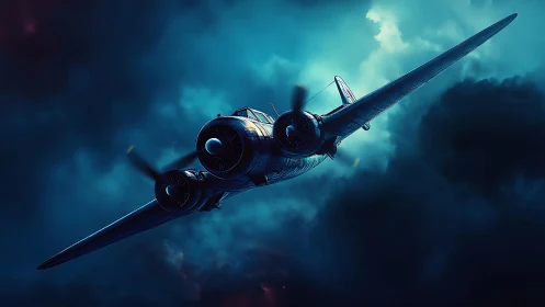 Stormchaser bomber knifes through neon thunderclouds at dusk.