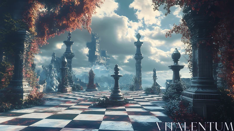 Epic floating chess terrace frames stormlit fantasy skyline.