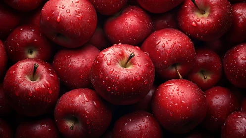 Close-up view of multiple fresh red apples with water.