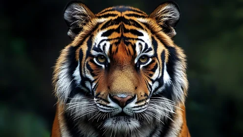 Photorealistic frontal tiger portrait with shallow depth of field.