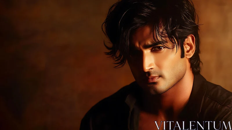 Male subject is rendered in close-up portrait with warm light