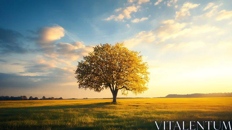 Solitary tree in golden field at sunrise, serene landscape scene.