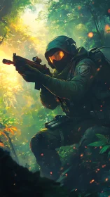 Tactical operative aiming rifle in luminous jungle foliage.