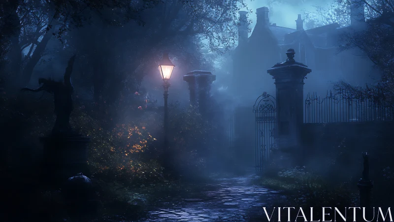 Foggy manor gate glows under lone lamppost at midnight