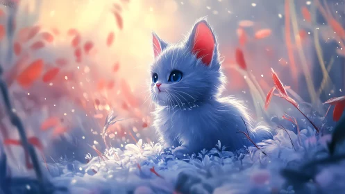 Blue Kitten in Snowy Garden with Red Foliage and Warm Glow