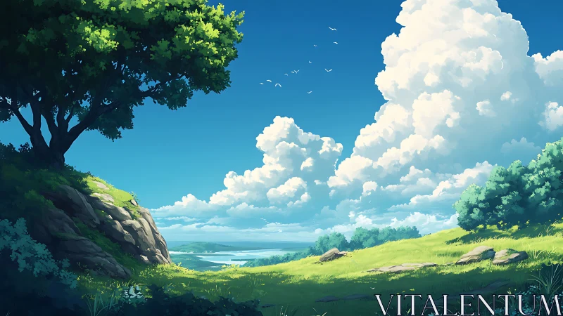 Grassy coastal hillside extends under towering cumulus clouds