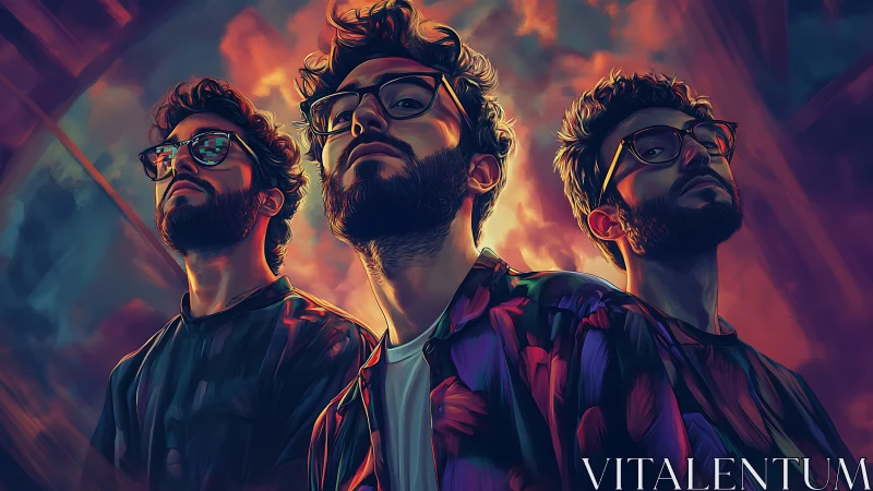 Neon-lit bearded trio stare into a glowing digital sky.