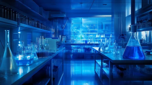 Futuristic blue laboratory glows with precision glassware.