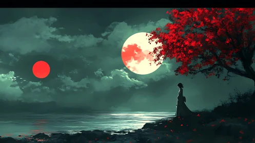 Moonlit shore under twin suns and a crimson dreaming tree.