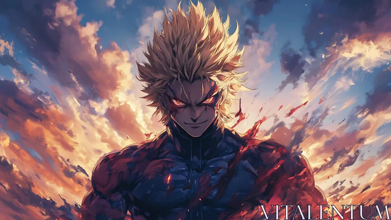 Ferocious anime warrior amid blazing twilight skyburst.