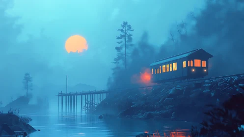 Lone night train crossing misty lakeside rail bridge.