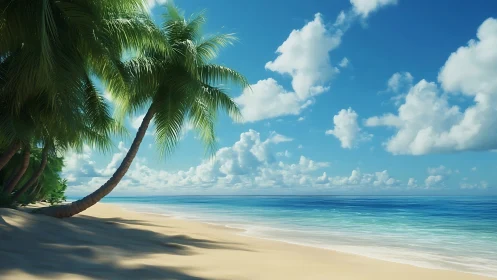 Tropical Coastal Landscape With Leaning Palm Tree and Turquoise Ocean