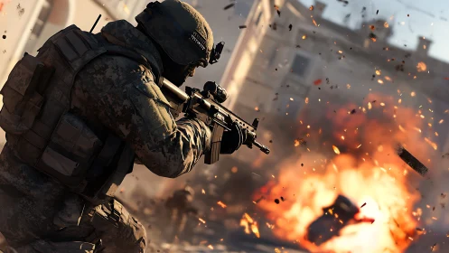 Soldier advances with rifle as urban explosion disperses debris