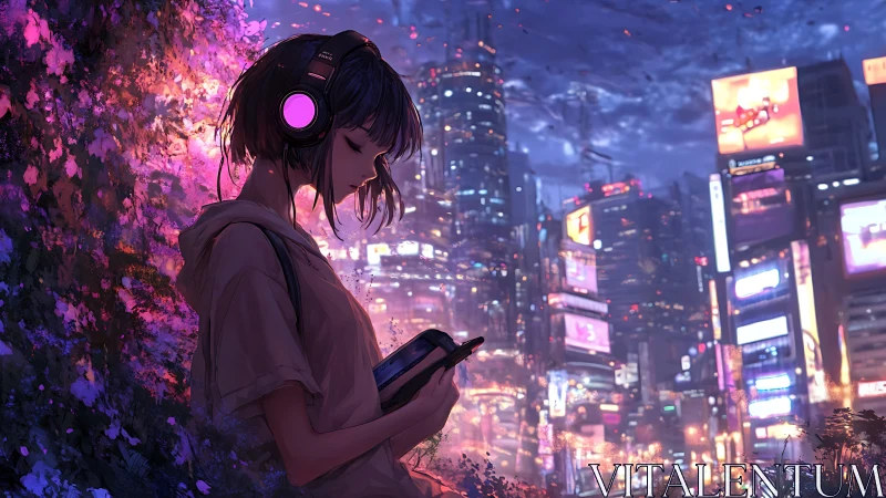 Girl with neon headphones in glowing cyberpunk city night