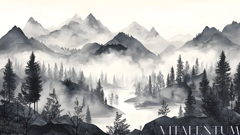 Monochrome misty conifer forest with layered alpine mountains