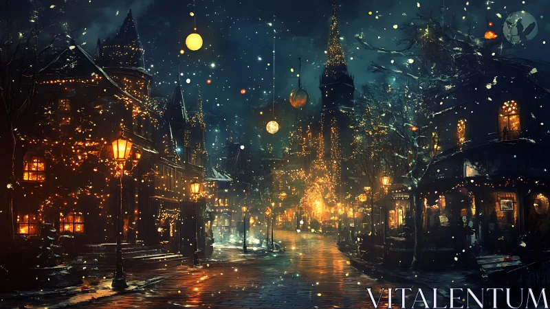 Snowfall glows above a festive old town street at night