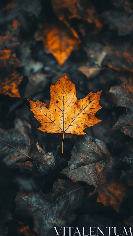 Lone ember leaf adrift on a charcoal forest floor.