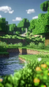 Blocky voxel river landscape under bright blue sky.